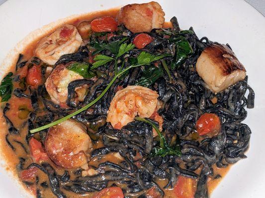 Squid Ink Pasta with Sauteed Scallops and Shrimp (Evening Special.) Outstanding!