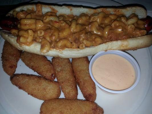 Cincinnati dog with chili mac n cheese.