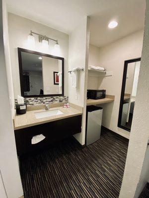 05.27.22 washroom sink | amenities: fridge, microwave and coffee maker