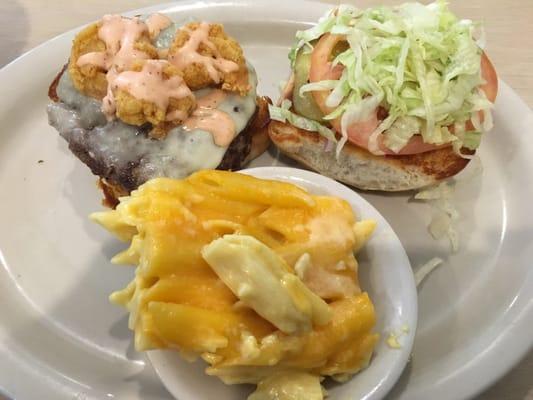 A Surf & Turf Burger with a side of Baked Macaroni and Cheese!