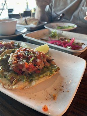 Up-close shrimp tostada