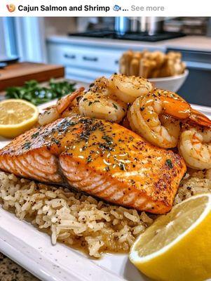 Salmon , shrimp over rice