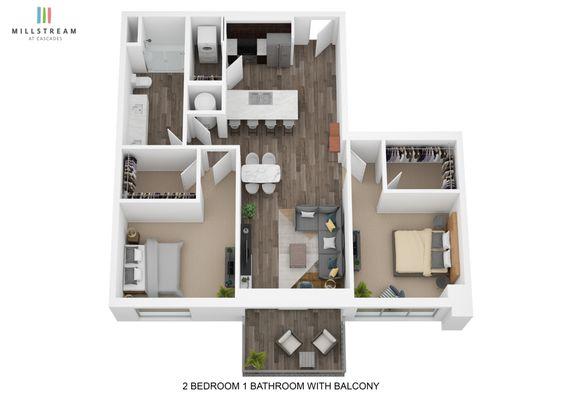 Two Bedroom with One Bath Balcony 3D Floorplan