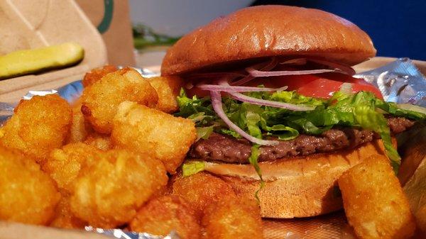 Impossible burger w/tater tots ($10). Crappy bun, but for $10, it's hard to complain.