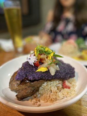 Chicken adobo with fried ube tapioca