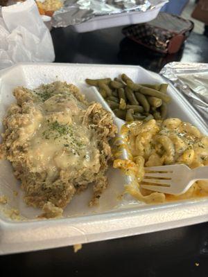 Chicken and dressing, green beans, Mac n Cheese