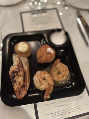 Appetizers: goat cheese balls, shrimp, crab cake ball, bread