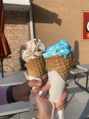 Moose Tracks and Lil Blue Panda, kiddie size in waffle cones