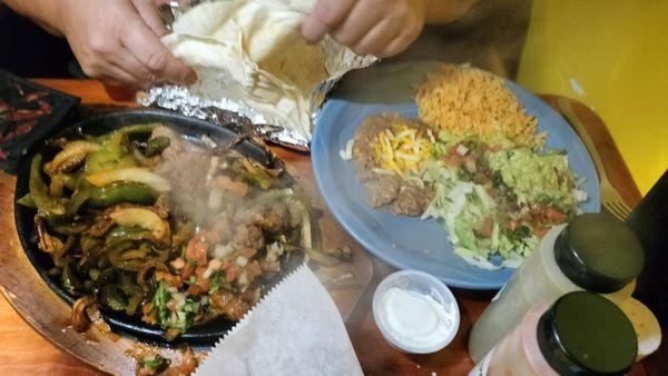 Steak Fajitas and Chicken Burrito