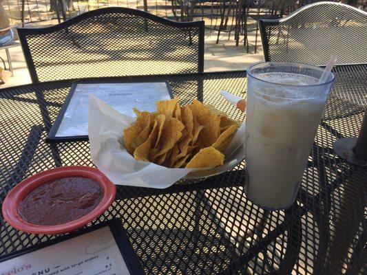 Free chips + fresh salsa when you dine in! Lovely outdoor patio with umbrellas make for good shade.