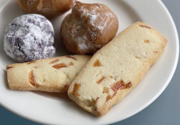 Sweet potato cookie, mango shortbread, passionfruit cream puffs