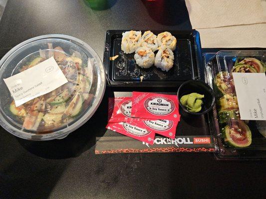 Left to Right, Sashimi Salad, Spicy Crawfish Roll, & Unplugged Roll