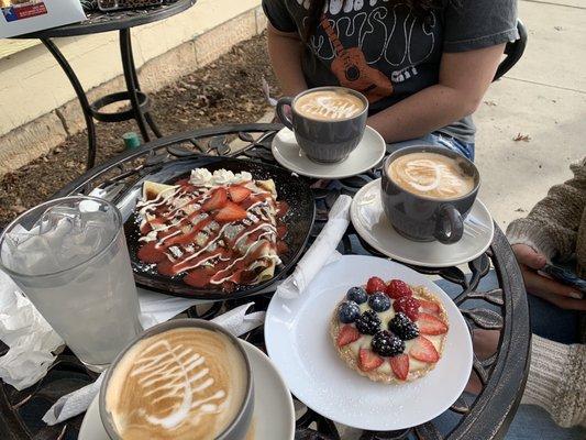 Lavender latte, fruit tart, Nutella Strawberry Banana Crepe