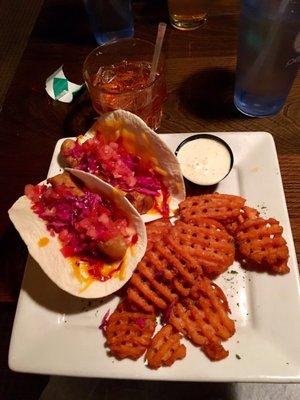 Fish tacos and sweet potato waffle fries