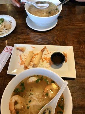 Pho rare, shrimp rolls, Tom Yum shrimp noodles