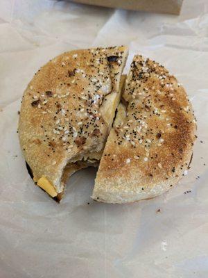 Everything bagel with sausage egg and cheese (bottom side)