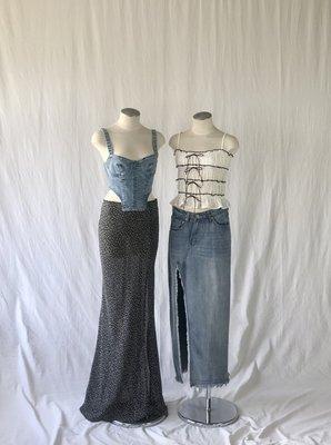 New addiction denim corset top paired with on your side maxi skirt and sweet touch ruffle camisole paired with it list denim midi skirt.