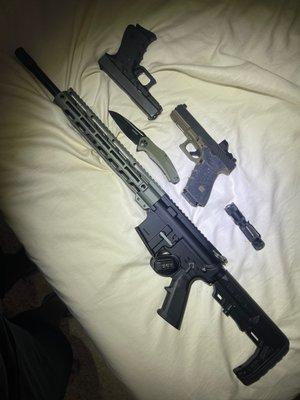 Custom AR15, Glock 17, Glock 19, kershaw knives, powertac flash light