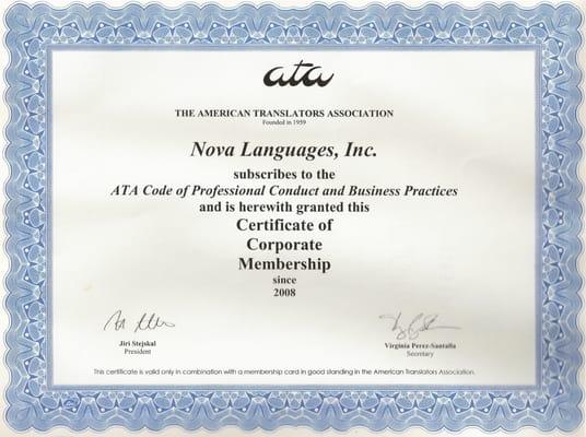 We have been a corporate member in good standing of the American Translators Association (ATA) since 2008.