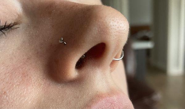 The nose stud sticks out both ends of my nostril and hits the inside of my nose when pushed in.