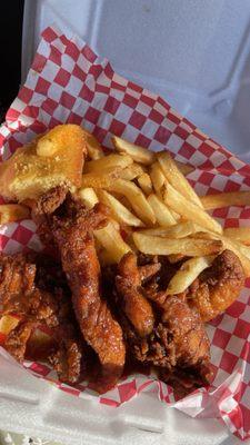 4 Piece Tenders Plate (honey jerk) with straight fries and cornbread