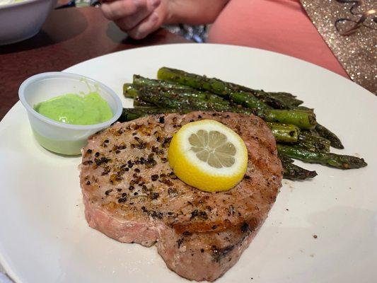 Tuna steak entrée with asparagus and side salad (not pictured)