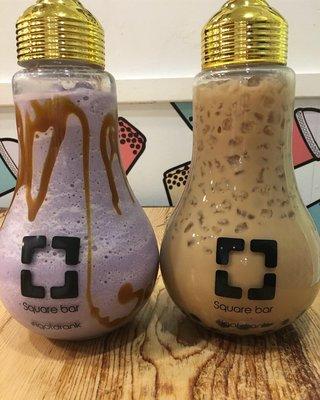 The taro fantasy and milk tea with boba