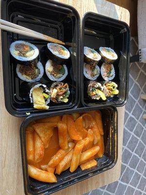 Bulgogi Kimbap ( )Tuna Kimbap ( )Tteokbokki () with Odeng ()