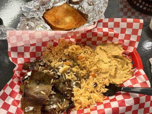 Shawarma Plate Dinner with Orange Rice and Pitas and Hummus