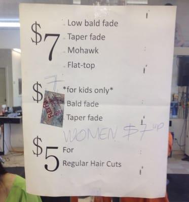 New price. Please note: Women's haircut is $7+.