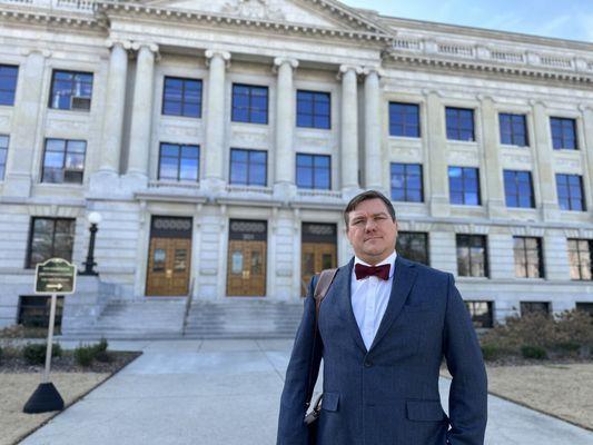 Jim Doermann outside the old Greensboro Courthouse