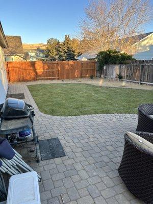 Backyard grass, DG with bushes and a sprinkler system with a drip system as well.