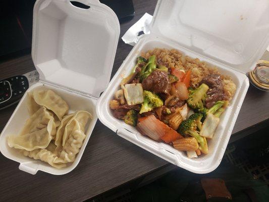 Saturday night takeout - steamed gyoza and beef w garlic sauce