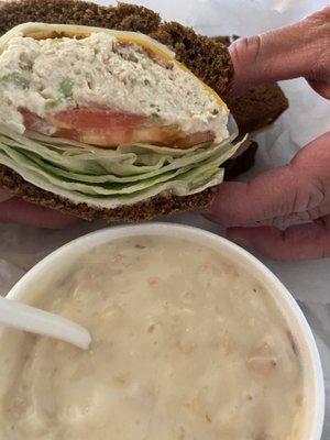 Chicken salad club w clam chowder, Fridays soup. $10 huge potions!