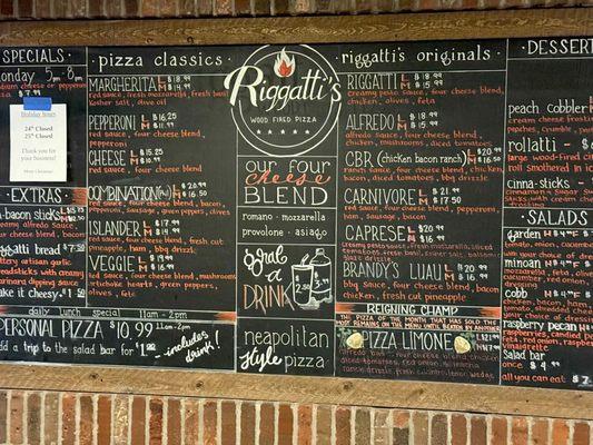 The menu at Riggatti's.