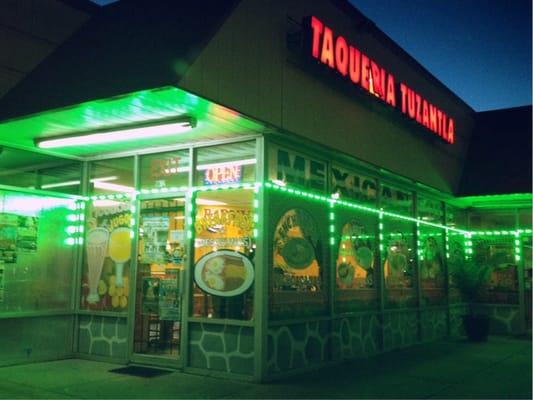 New LED lights lit up the storefront at night