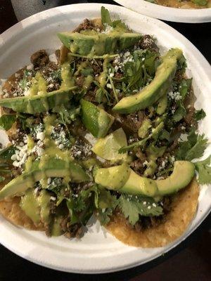 Five street tacos add avocado and cheese