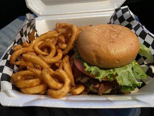 Texan Burger on Gluten Free Bun with Curly Fries