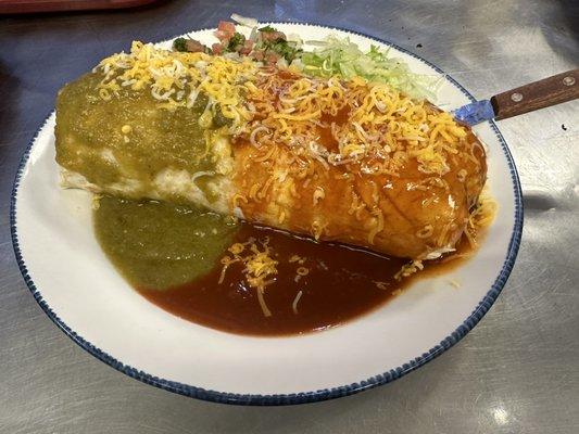 Wet burrito, choose any burrito and make it wet for $2.00 more. red mild, green hot or both mix.