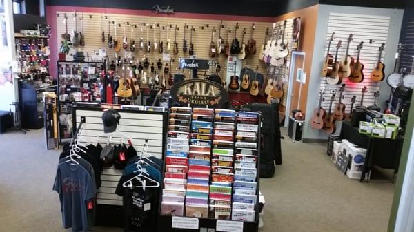 Strings, accessories, bass guitars, electric guitars, acoustic guitars, mandolins, banjos, ukuleles, sheet music and method books, clothing