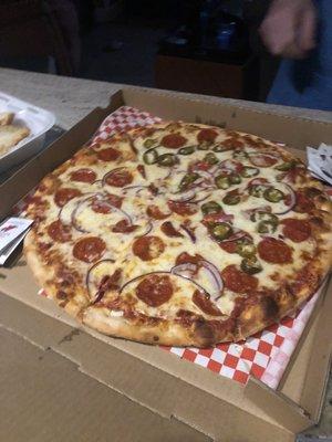 16" Pepperoni, Onion with half side of jalapeños.