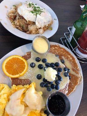 Lemon Curd With Fresh blueberry pancake, scrambled eggs. Marciana's breakfast Fried Rice.