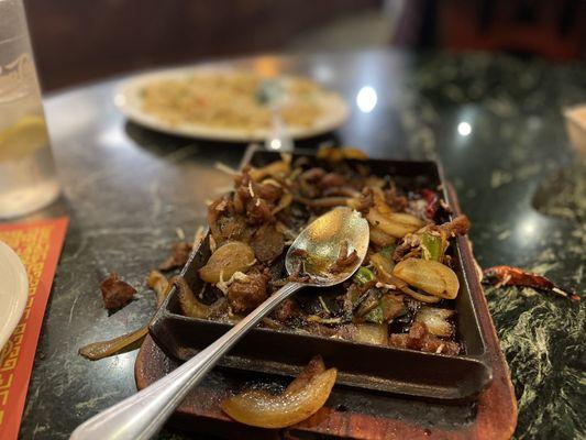 Sizzling Mongolian beef. Tender and very flavorful.