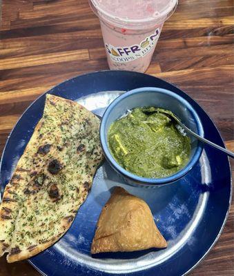 Takeaway dinner - naan, samosa, and saag paneer