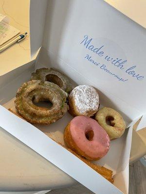 Pistachio old fashion donut, churro , strawberry glaze, vegan strawberry lemonade , & strawberry cream