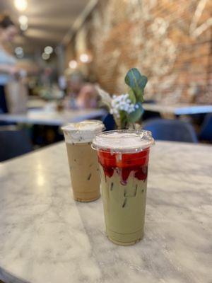 The Iced Strawberry Shortcake Matcha and the Iced Pistachio Baklava Latte, both with oat milk.