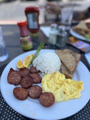 Portuguese sausage, eggs, and rice w/ wheat toast