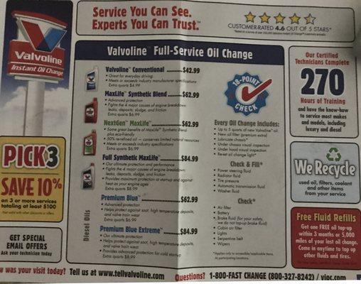 Oil change prices as of 7/19