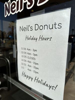 Neil's Donuts Holiday Hours 2024