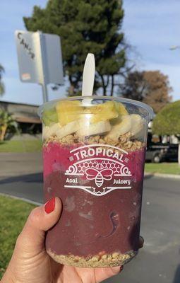 Pitaya açaí bowl with kiwi, pineapple, bananas, and blue berries